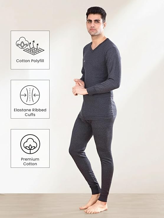 Lux Inferno Men's Thermal Set | Full Sleeve V Neck Top & Bottom Winter Innerwear | Soft & Warm Cotton Fabric