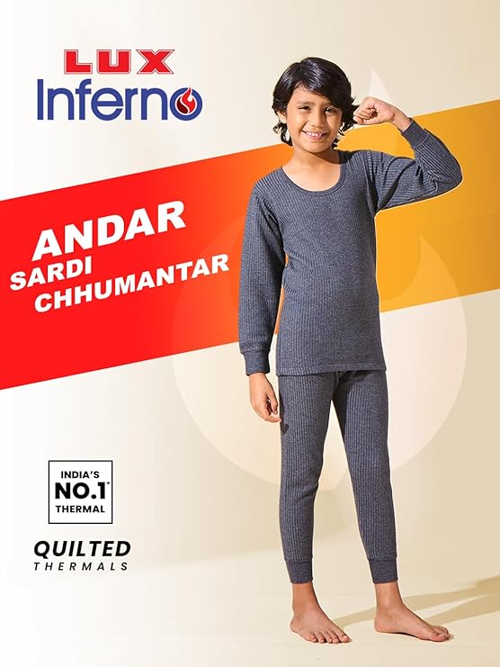 Lux Inferno Kids Thermal Set – Full Sleeves Warm Innerwear for Boys & Girls | Round Neck Winter Wear | Soft & Stretchable Thermal Top & Bottom