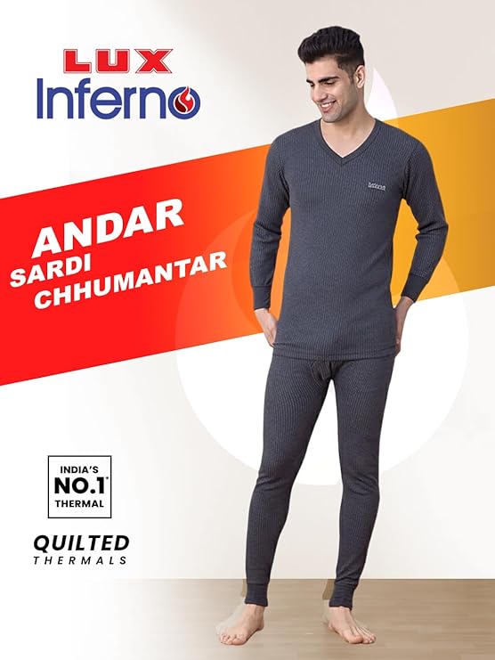 Lux Inferno Men's Thermal Set | Full Sleeve V Neck Top & Bottom Winter Innerwear | Soft & Warm Cotton Fabric