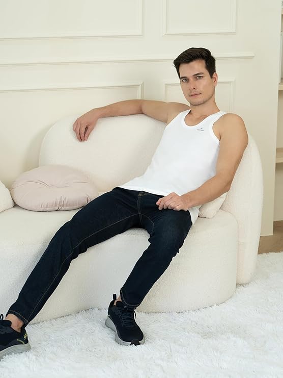 Lux Cozi Men's White Round Neck Sleeveless Cotton Vest (Pack of 3)