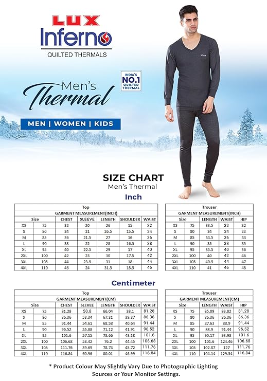 Lux Inferno Men's Thermal Set | Full Sleeve V Neck Top & Bottom Winter Innerwear | Soft & Warm Cotton Fabric