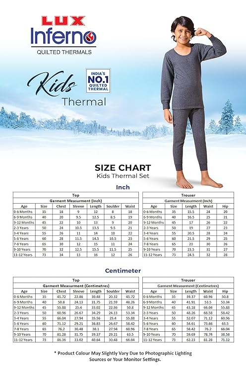 Lux Inferno Kids Thermal Set – Full Sleeves Warm Innerwear for Boys & Girls | Round Neck Winter Wear | Soft & Stretchable Thermal Top & Bottom