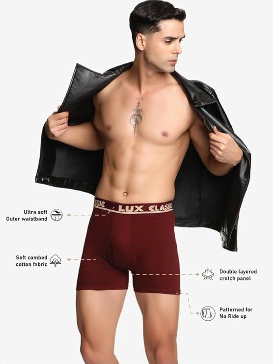 Lux Classic Men's Outer Elastic Trunks - Pack of 5 (Color May Vary) | Premium 100% Cotton | Ultimate Comfort Breathable, Soft & Durable | Everyday Essential Lux Underwear