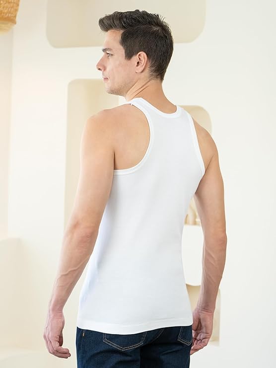 Lux Cozi Men's White Round Neck Sleeveless Cotton Vest (Pack of 3)