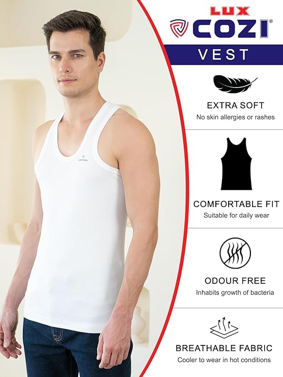 Lux Cozi Men's White Round Neck Sleeveless Cotton Vest (Pack of 3)