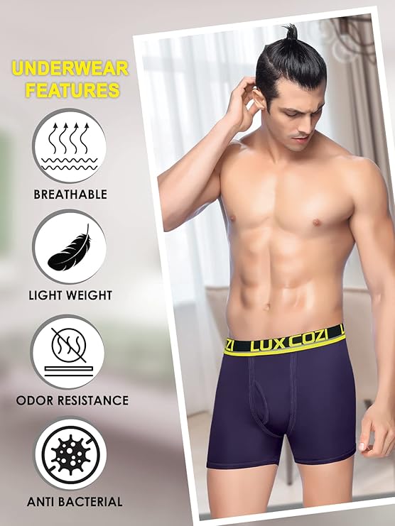 Lux Cozi Glo Men's Assorted Outer Elestic Long Trunk | Solid Trunk for Men | Pack of 3 | Color May Vary