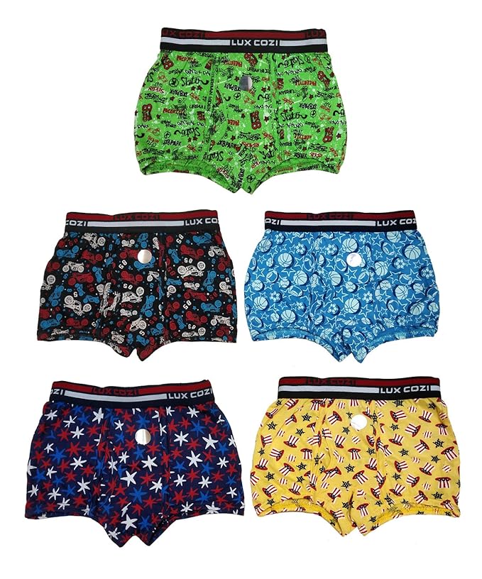 Lux Cozi Cotton Assorted Printed Boys/Kids Outer Elastic Trunk/Drawer - Pack of 5 (Cozi-Bigshot-Kids-Printed-Mini-Trunk-OE-60cm) (Color & Print May Vary)