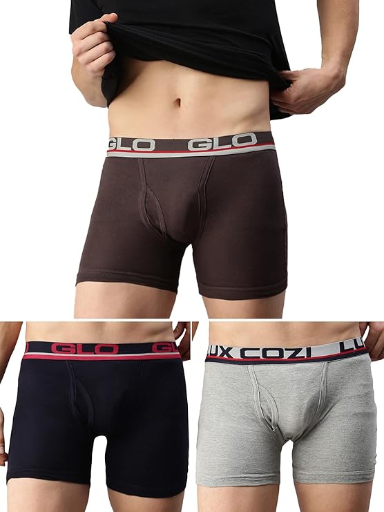 Lux Cozi Glo Men's Assorted Outer Elestic Long Trunk | Solid Trunk for Men | Pack of 3 | Color May Vary