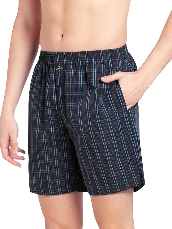 Jockey 1223 Men's Super Combed Mercerized Cotton Woven Checkered Boxer Shorts with Side Pocket (Pack of 2)