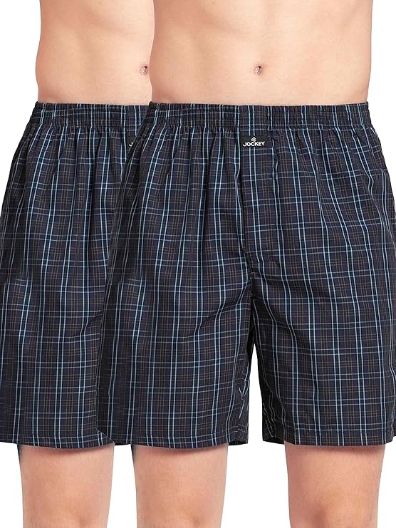 Jockey 1223 Men's Super Combed Mercerized Cotton Woven Checkered Boxer Shorts with Side Pocket (Pack of 2)
